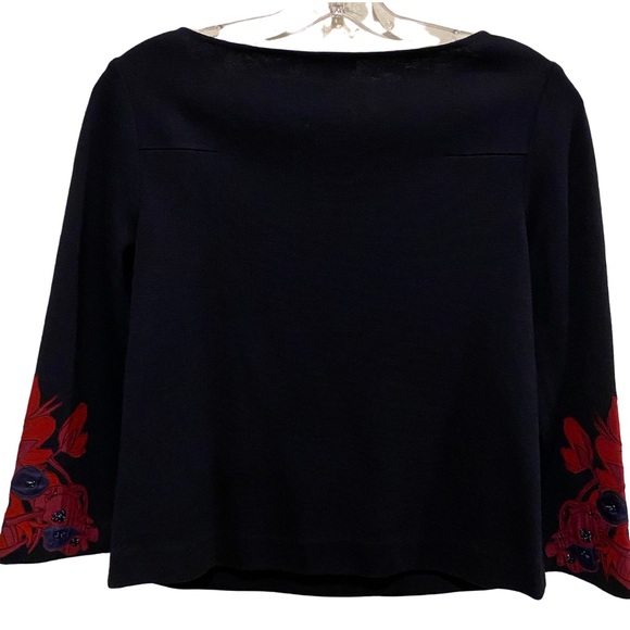 TORY BURCH Lisanne Purple Red Beaded Artsy Floral Appliqué Navy 3/4 Top Sweater - Picture 6 of 15